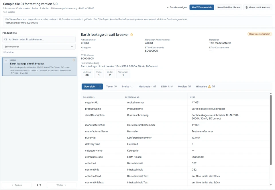 BMEcat-Viewer mit Testprodukt: Produktliste links, Produktdetails und strukturierte Merkmalswerte rechts.